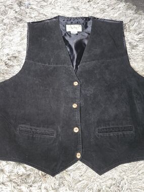Vintage 90s Greatland Black Suede Button Front Vest with Wood Buttons